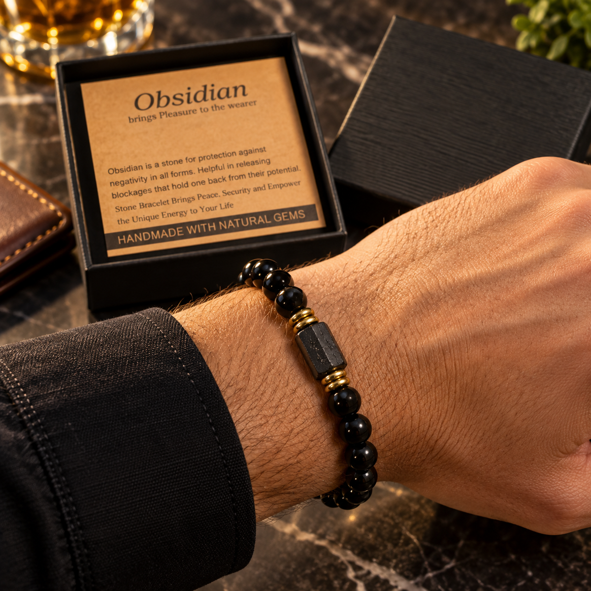 NORTHWAFANDZ Obsidian bracelet worn on wrist