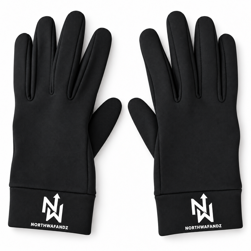 Pair of black NW gloves showing the white Northwafandz cuff logos