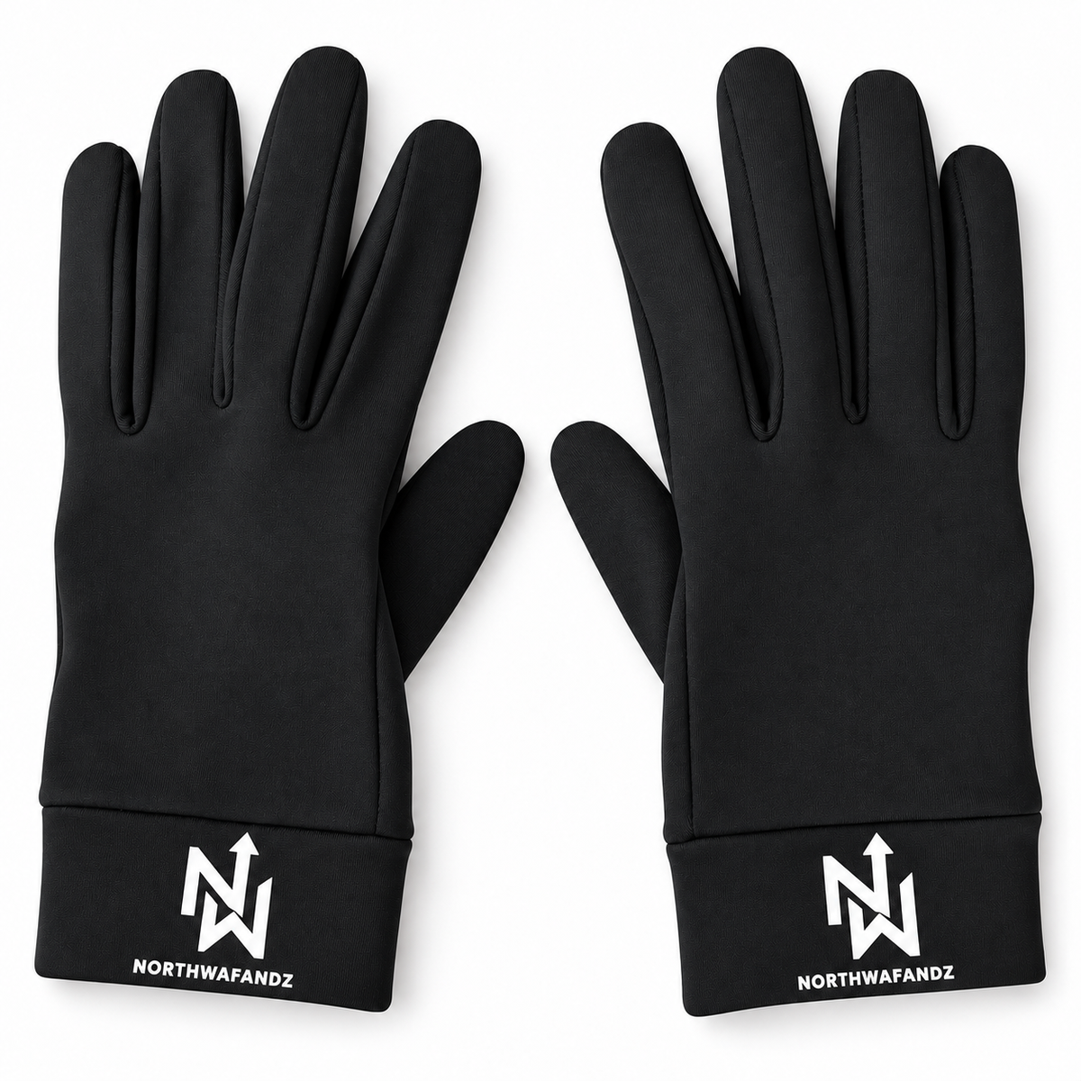 Pair of black NW gloves showing the white Northwafandz cuff logos