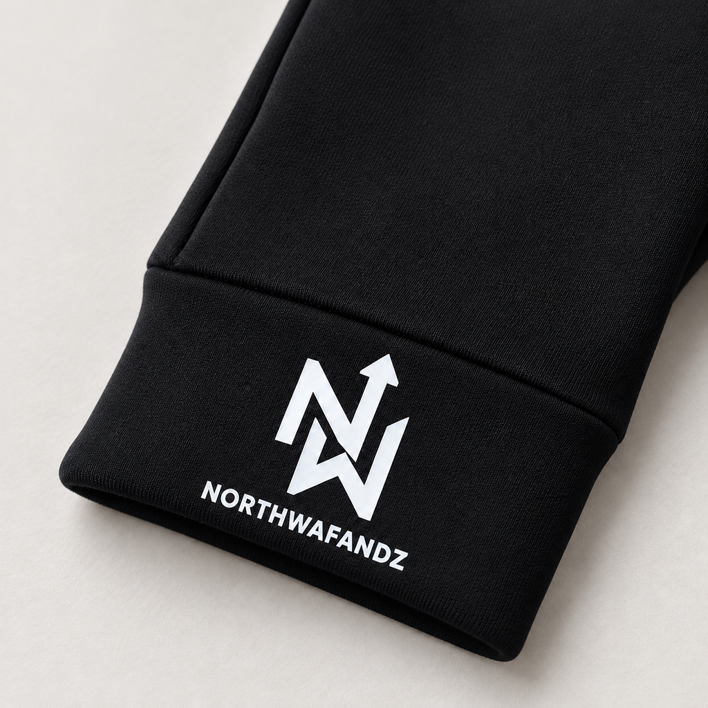 Close-up of the white NW arrow monogram and Northwafandz wordmark on the black glove cuff