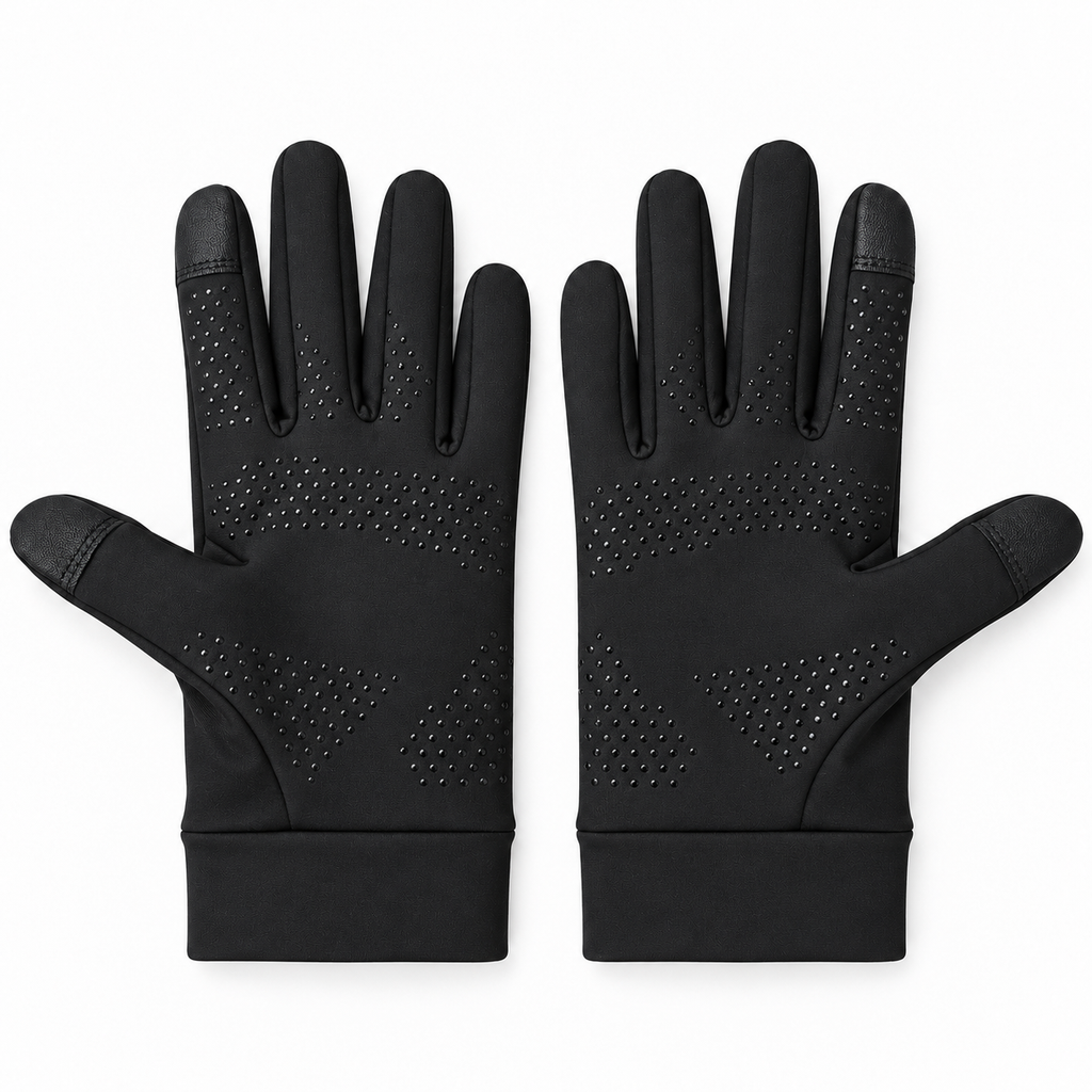 Palm view of black NW gloves showing the textured grip pattern and fingertip panels