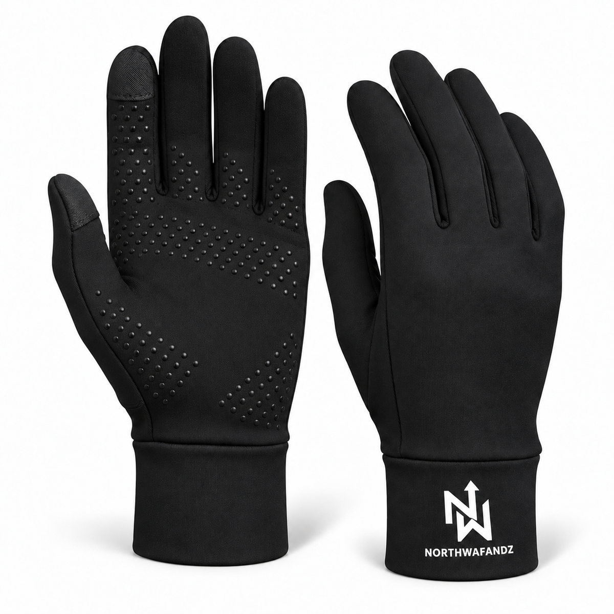 AI-retouched studio preview of black NW gloves, front and palm views. See original photos for actual grip detail.