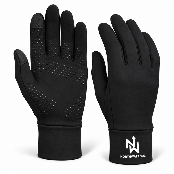 AI-retouched studio preview of black NW gloves, front and palm views. See original photos for actual grip detail.